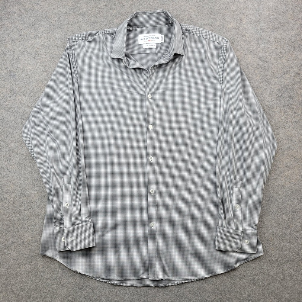 Mizzen+Main Dress Shirt Mens XL Gray Gingham Standard Fit Long Sleeve‎ Non Iron